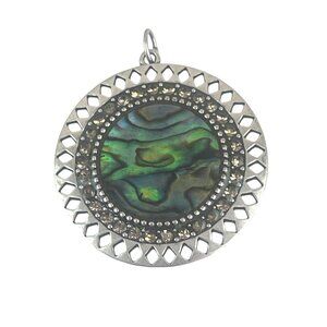 Round Silver Pendant With Abalone Shell & Rhinestone Accents 2 Inch Diameter